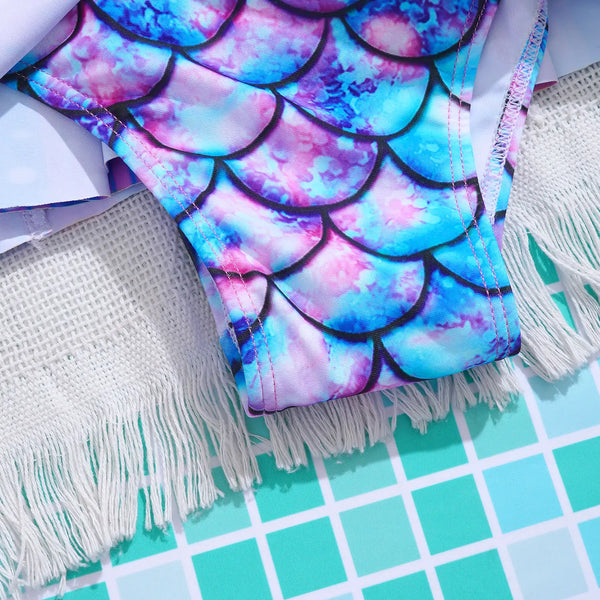 Kids Girls One-piece Swimsuit Mermaid Fish Scales Print Leotard Ruffle Jumpsuit Surfing Bathing Suit Beachwear Swim Rash Guard