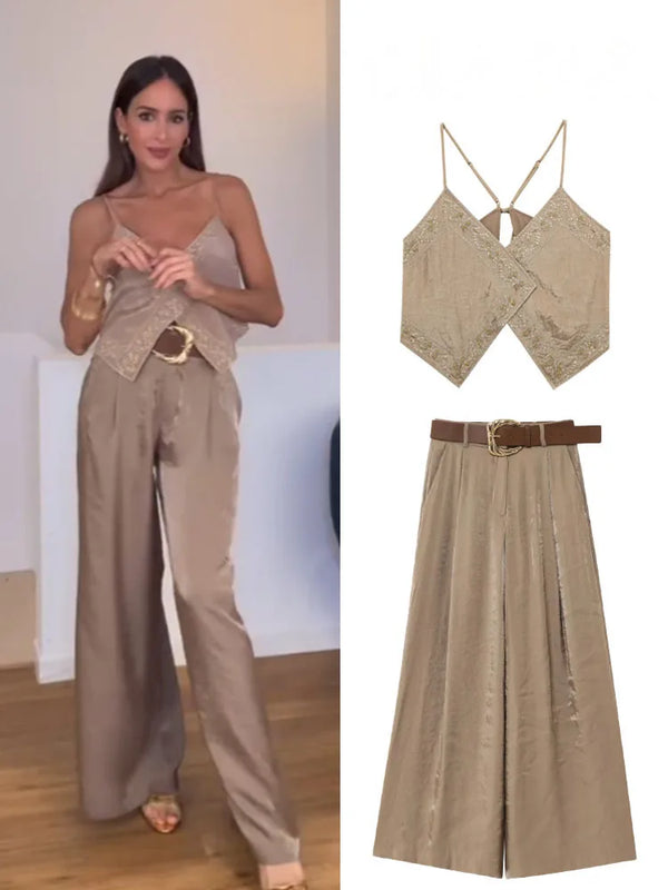 HH Female Summer Sexy Sling Tops Light Brown V-Neck Sleeveless Embroidery Lace-Up Decoration Women's Fashion Short Tops