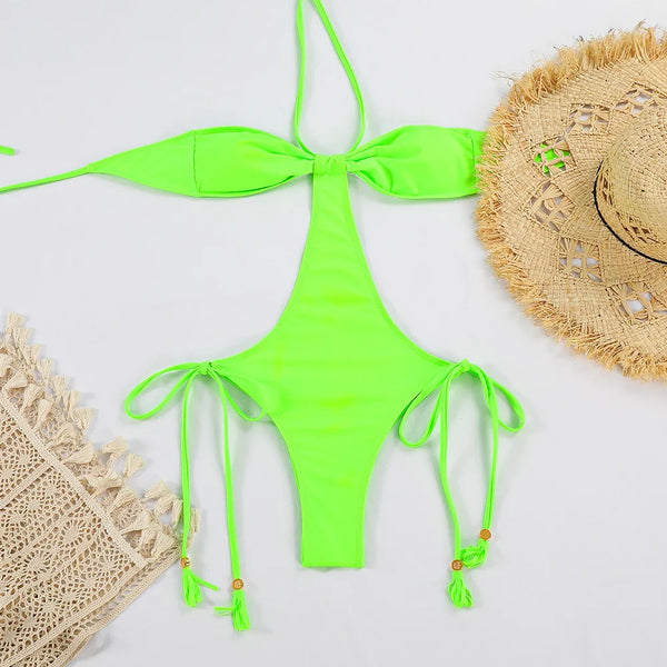 Women's Sexy Halter One-Piece Swimsuit Lace-Up Push-Up String Swimwear Solid Bikini Set 2026 Beachwear Monokini