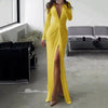 Women Maxi Dress Autumn 2023 New Fashion Sexy Slit V Neck Long Sleeve Solid Slim Pleated Evening Party Prom Dresses
