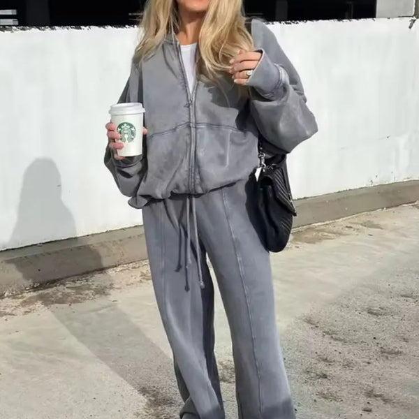 HH Women's Fall 2-Piece Retro Solid Color Zip Bomber Jacket Sweatshirt+High Waist Lace Up Women's Wide Leg Pants Street Wear