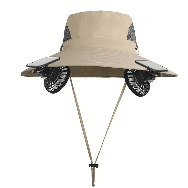 Solar Powered Cooling Fan Sun Hat Wide Brim UV Protection Bucket Hat With Dual Fans For Fishing Hiking Camping Outdoor
