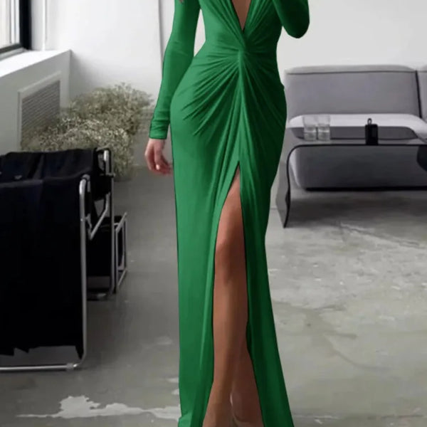 Women Maxi Dress Autumn 2023 New Fashion Sexy Slit V Neck Long Sleeve Solid Slim Pleated Evening Party Prom Dresses