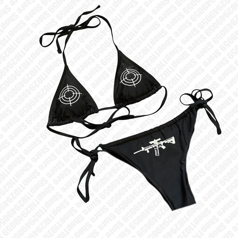 2000s Y2k Style Letter Print Bikini Punk Gothic Fashion Women Swimwear Set Sexy Thong Swimsuit Two Pieces Bathing Suit Emo Girls
