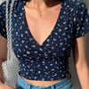 Summer French retro floral V-neck short-sleeved T-shirt Slim slimming wild high waist T-shirt women's top