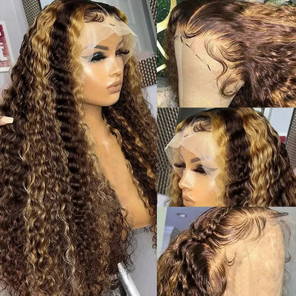 Honey Blonde Ombre Highlight Lace Front Wig Human Hair 13x6 Deep Wave HD Lace Curly WIG