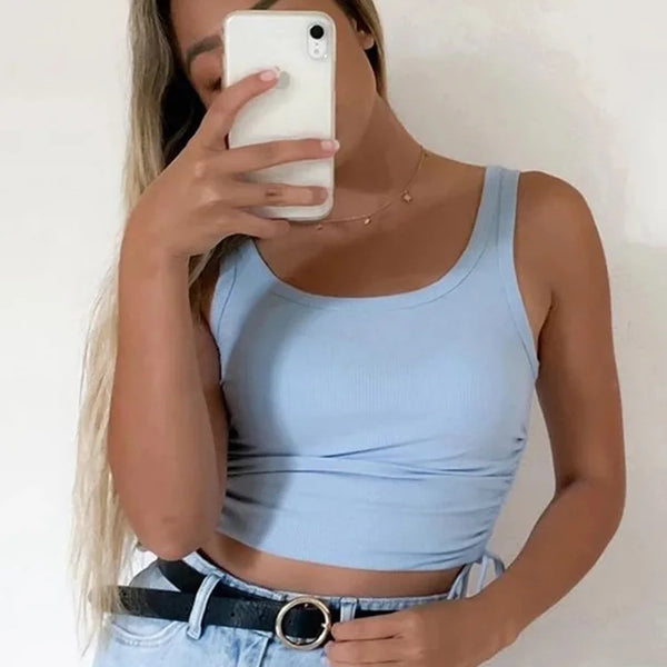 Ruched Sleeveless Tank Tops Tees Women Solid Casual Fashion Crop Top Ladies High Street Tie Up Croptop Summer Fitness