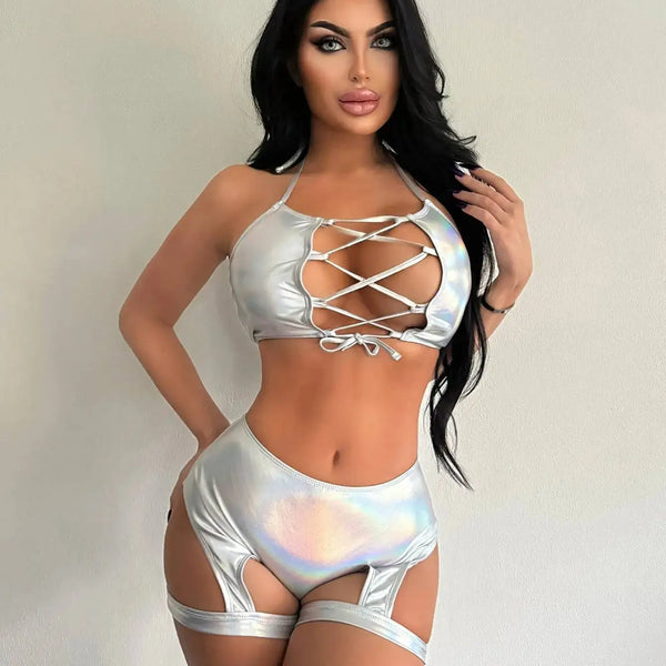 Electric Syllable Split Set Sexy Hollow Tank Top Laser Gold Plated Leg Ring Shorts Two Piece Bikini Set Suspenders Backless 8384