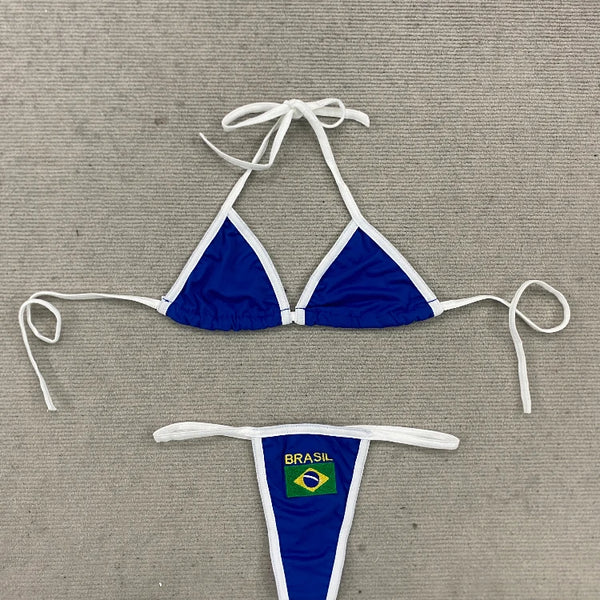 Women's Brasil Flag Print Bikini Set, Halter Triangle Top + Tanga Bottom, Brazilian Flag Two-Piece Swimwear, Y2K Beachwear
