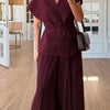 Lace Up Irregular Top Pants Suits Women Elegant V-neck Short Sleeve Belt Slim Tops High Waist Wide Leg Trousers Chic Ladies Sets