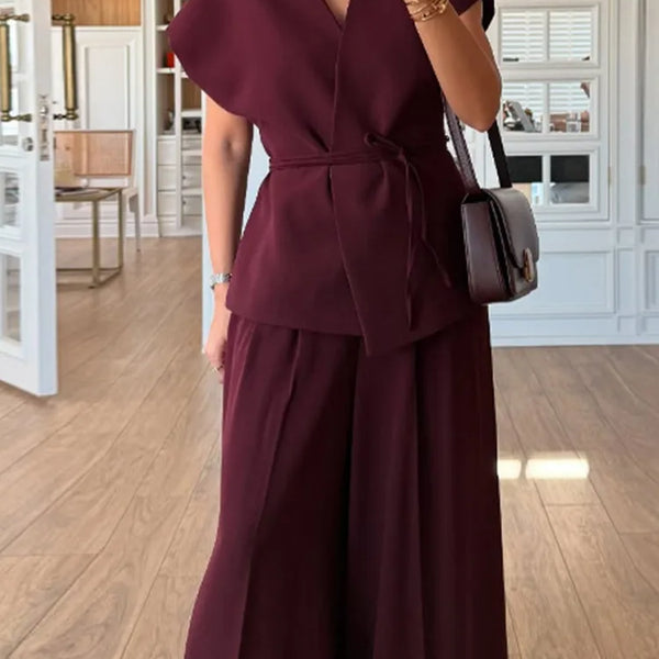Lace Up Irregular Top Pants Suits Women Elegant V-neck Short Sleeve Belt Slim Tops High Waist Wide Leg Trousers Chic Ladies Sets