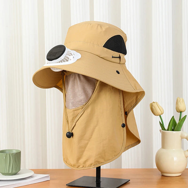 Men Fan Hat With Solar Panel Wide-Brimmed Shawl Fishing Hat Solar USB Charging UV-Protection Outdoor Hat