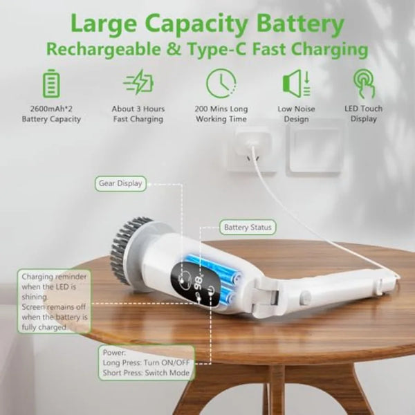 Electric Spin Scrubber Cordless Cleaning Brush 3H Work Time Bathroom Scrubber with LED Display 3-Speed Extendable Handle IPX7 W