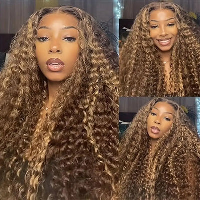 Honey Blonde Ombre Highlight Lace Front Wig Human Hair 13x6 Deep Wave HD Lace Curly WIG