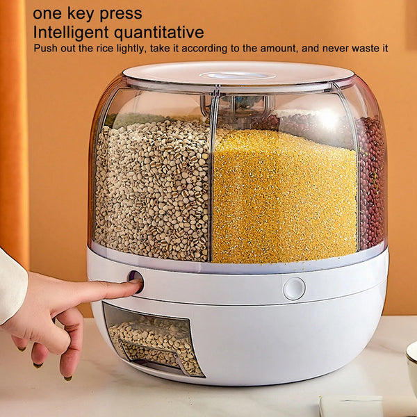 6 Grids Grain Dispenser Rotation Grain Storage Tank Insect Proof Grain Sealed Container For Home Kitchen