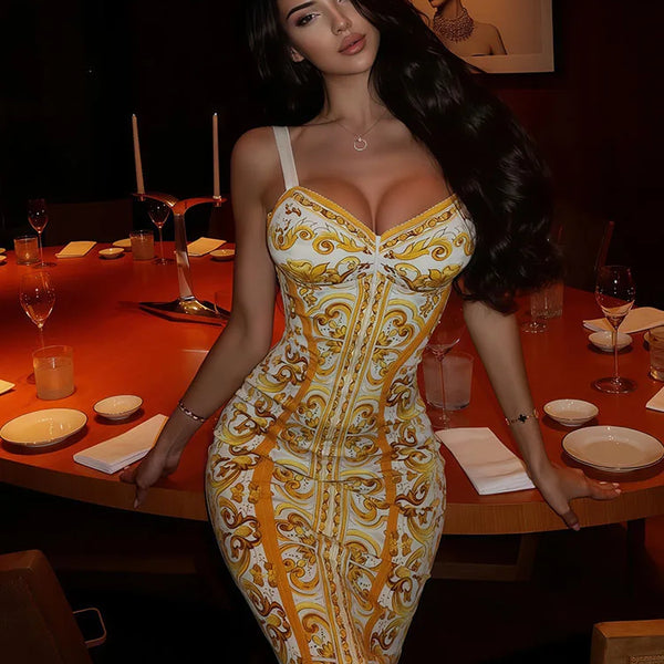 Party Dresses For Women Fashion Sexy Streetwear Printed Slash Neck Strap Sleeveless Sheath Hip Wrap Long Vestidos Robes Female