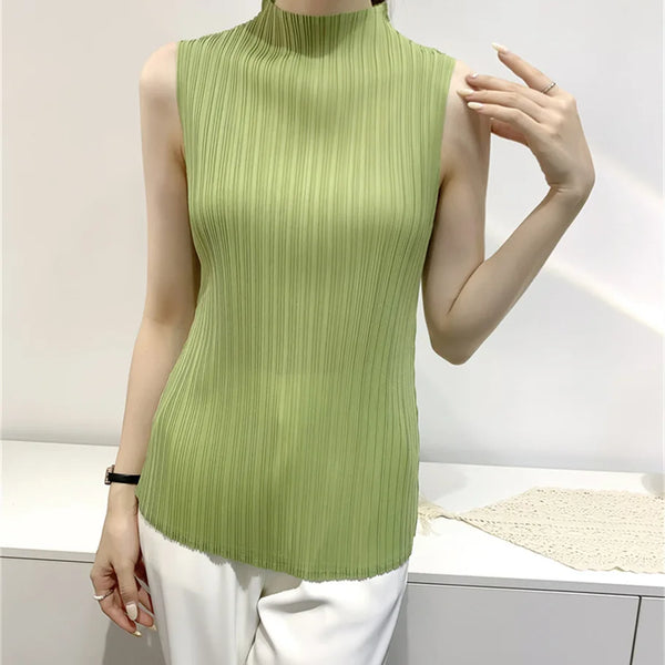 Miyake Pleated Elegant Fashion Temperament Solid Color Half High Neck Sleeveless Women's Vest 2023 Summer New Breathable Top
