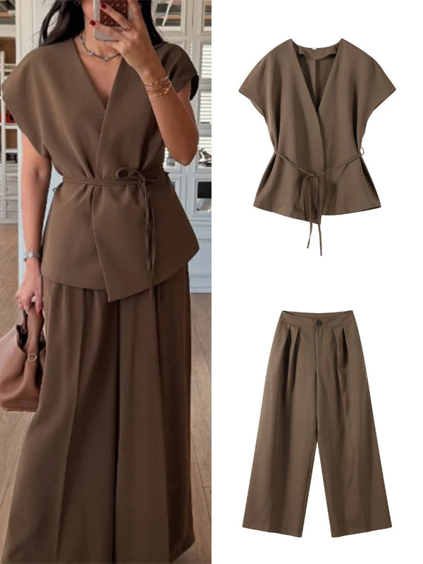 Lace Up Irregular Top Pants Suits Women Elegant V-neck Short Sleeve Belt Slim Tops High Waist Wide Leg Trousers Chic Ladies Sets
