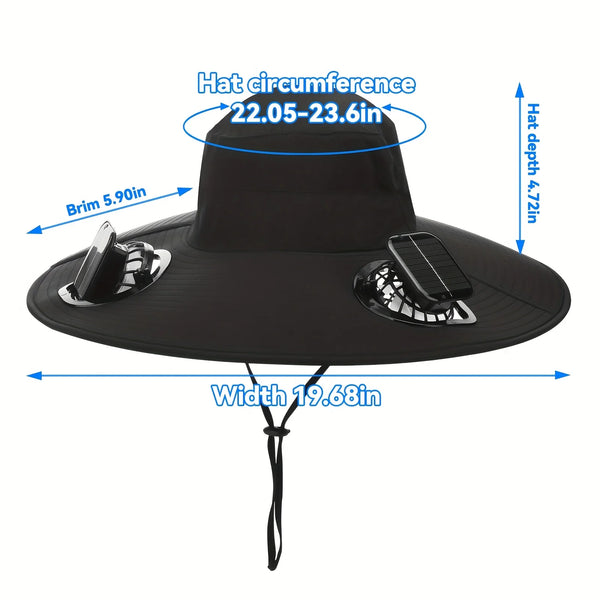Dual Fan Solar Sun Hat, UPF50+ Wide Brim UV Protection Bucket Hat, Rechargeable Cooling Hat for Outdoor Fishing Hiking