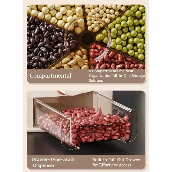 6-Grid Rotating Grain Dispenser, Sealed Moisture-Proof Rice Storage Container, Kitchen Cereal Organizer for Flour, Dry Food