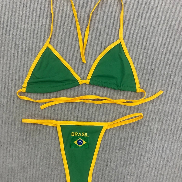 Women's Brasil Flag Print Bikini Set, Halter Triangle Top + Tanga Bottom, Brazilian Flag Two-Piece Swimwear, Y2K Beachwear