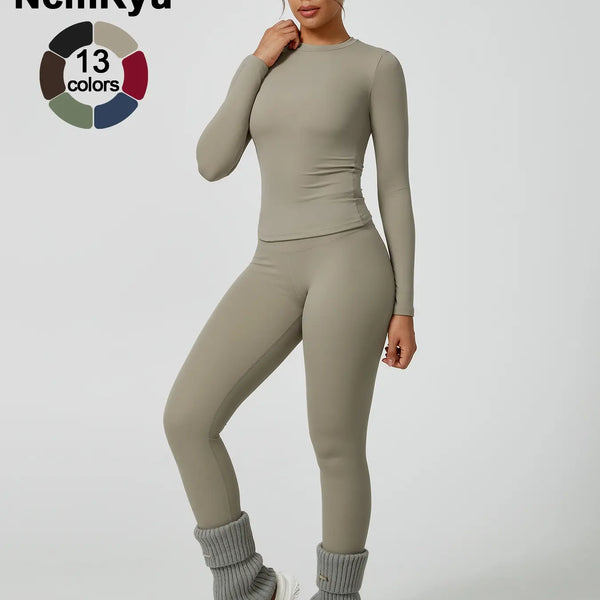 Two-Piece Set Women'S Patchwork High Elastic Soft round Neck Flat Shoulder Long Sleeve Slim Fit Beautiful Hip Tight Pants Yoga Clothes Suit Workout Running Clothes Four Seasons Outdoor Running Cycling Hiking Walking Shopping Fashion Suit Gym