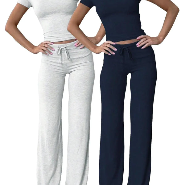 Women'S Basic Solid Short Sleeve Two-Piece Set, Casual round Neck Crop Tee & Drawstring High Waist Trousers for Daily Wear, Ladies Summer Clothes, Womenswear