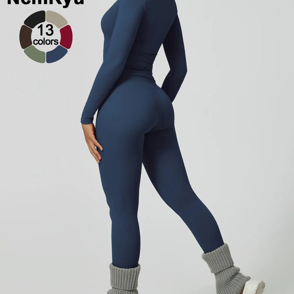 Two-Piece Set Women'S Patchwork High Elastic Soft round Neck Flat Shoulder Long Sleeve Slim Fit Beautiful Hip Tight Pants Yoga Clothes Suit Workout Running Clothes Four Seasons Outdoor Running Cycling Hiking Walking Shopping Fashion Suit Gym
