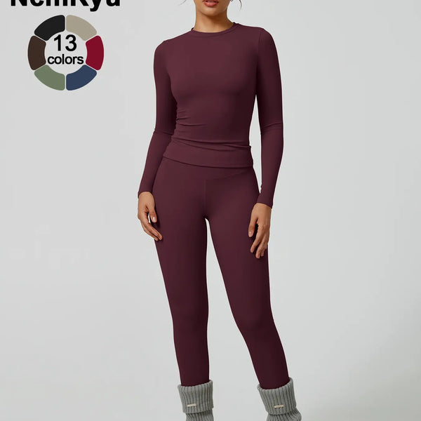 Two-Piece Set Women'S Patchwork High Elastic Soft round Neck Flat Shoulder Long Sleeve Slim Fit Beautiful Hip Tight Pants Yoga Clothes Suit Workout Running Clothes Four Seasons Outdoor Running Cycling Hiking Walking Shopping Fashion Suit Gym