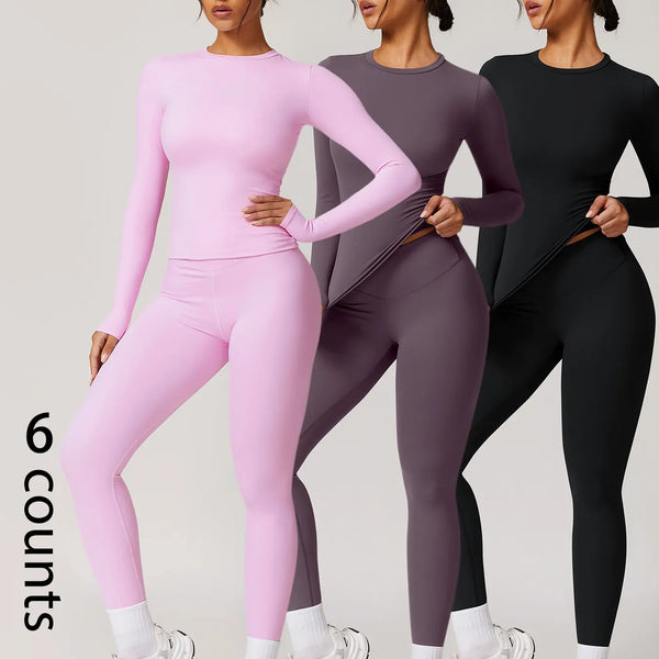 Two-Piece Set Women'S Patchwork High Elastic Soft round Neck Flat Shoulder Long Sleeve Slim Fit Beautiful Hip Tight Pants Yoga Clothes Suit Workout Running Clothes Four Seasons Outdoor Running Cycling Hiking Walking Shopping Fashion Suit Gym